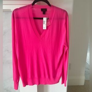 NWT• J Crew Bright Pink Lightweight Cashmere V Neck Sweater